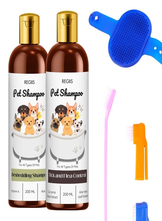 مجموعة شامبو للحيوانات الأليفة مع تركيبة لإزالة الشعر الزائد ومكافحة البراغيث، 200 مل لكل عبوة، مع فرشاة تنظيف (عبوة من 4 قطع) - Image 1